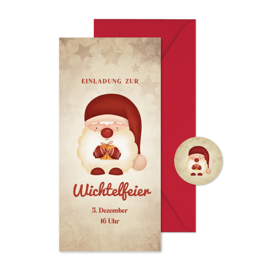 Einladung zum Wichteln Wichtel mit Geschenk - Karteneindruck