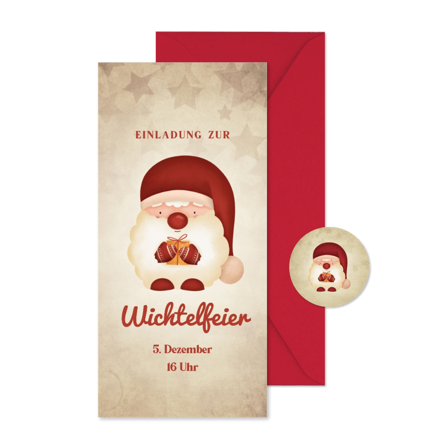 Einladung zum Wichteln Wichtel mit Geschenk - Kartenvorschau
