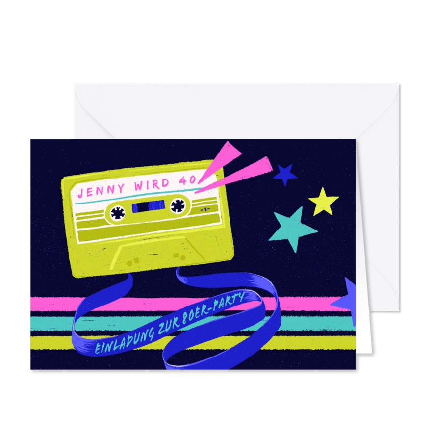Einladung zur 80er-Jahre-Party mit Kassette - Karteneindruck