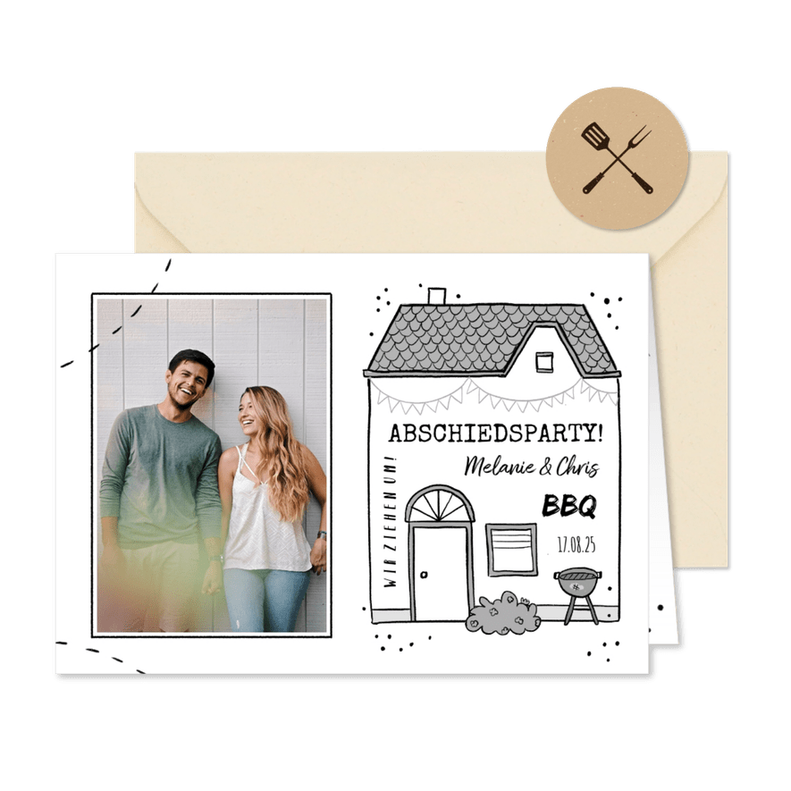 Einladung zur Abschiedsparty Foto & BBQ - Karteneindruck