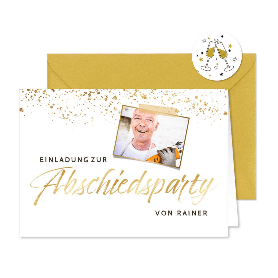 Einladung zur Abschiedsparty Foto & Goldkonfetti - Karteneindruck
