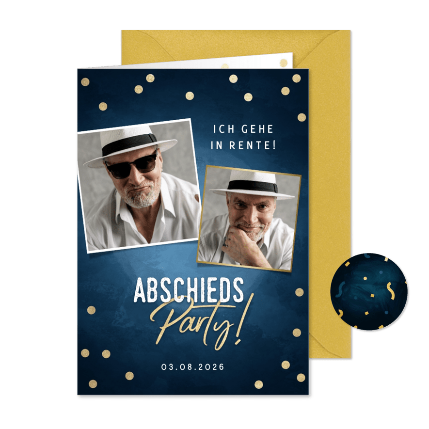 Einladung zur Abschiedsparty Fotocollage blau - Karteneindruck