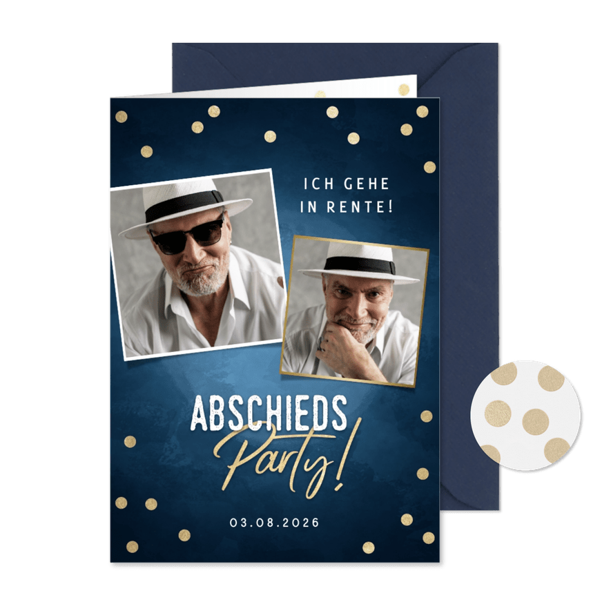Einladung zur Abschiedsparty Fotocollage blau - Kartenvorschau