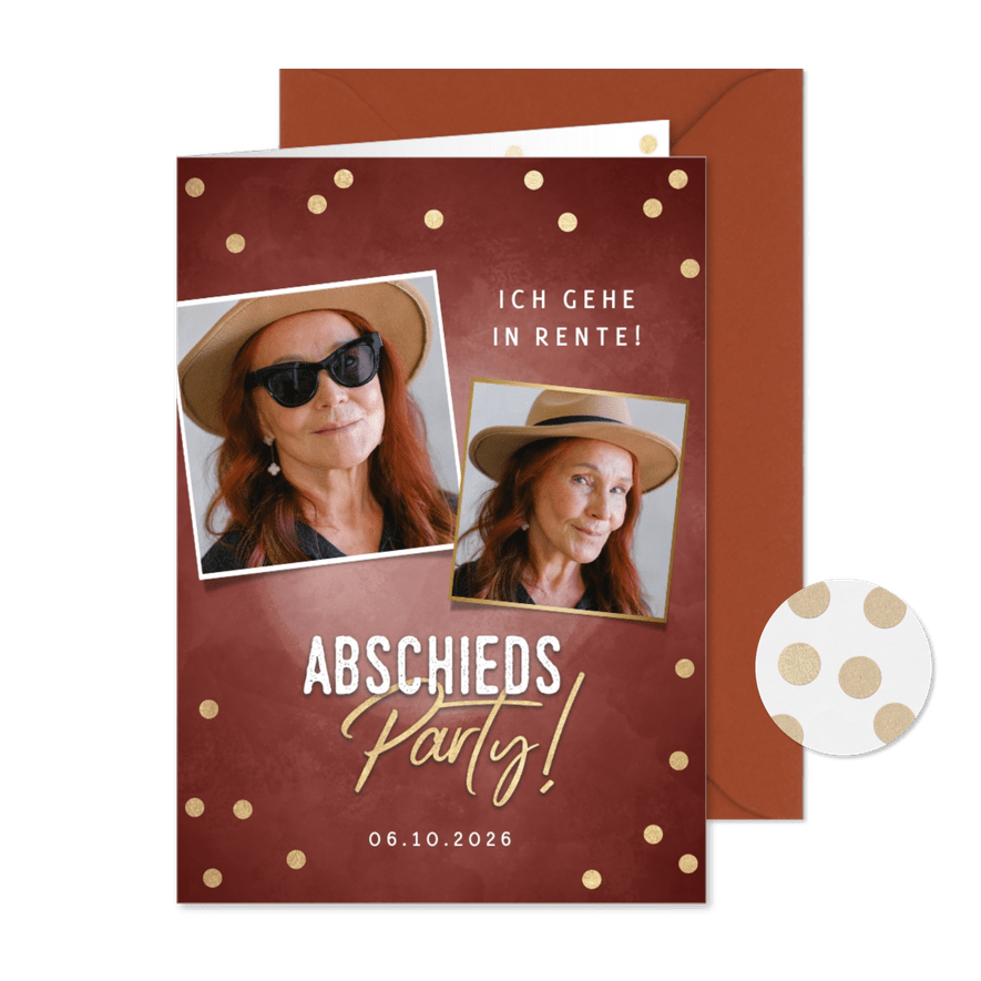 Einladung zur Abschiedsparty Fotocollage rostrot - Karteneindruck
