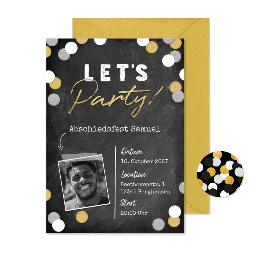 Einladung zur Abschiedsparty 'Let's party' - Karteneindruck
