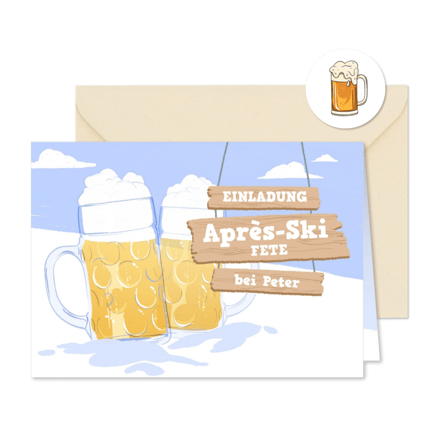 Einladung zur Après-Ski Fete mit Bierkrügen - Karteneindruck
