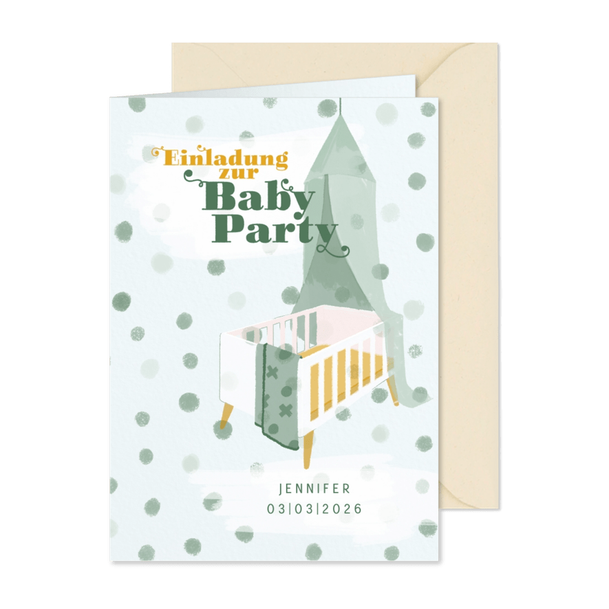 Einladung zur Babyparty Bettchen Junge - Karteneindruck
