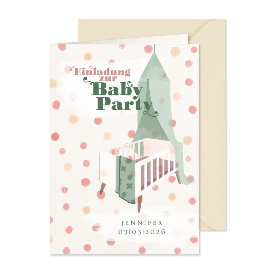 Einladung zur Babyparty Bettchen Mädchen - Karteneindruck
