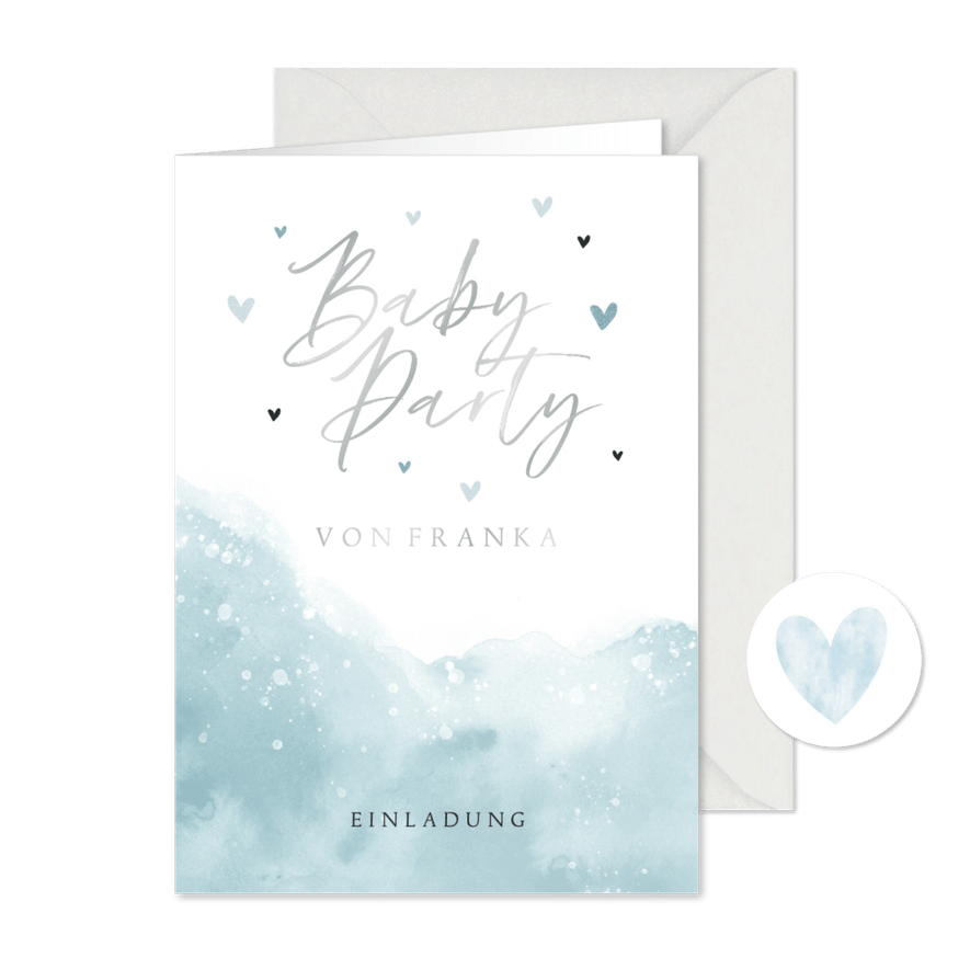 Einladung zur Babyparty blaue Wasserfarbe - Karteneindruck
