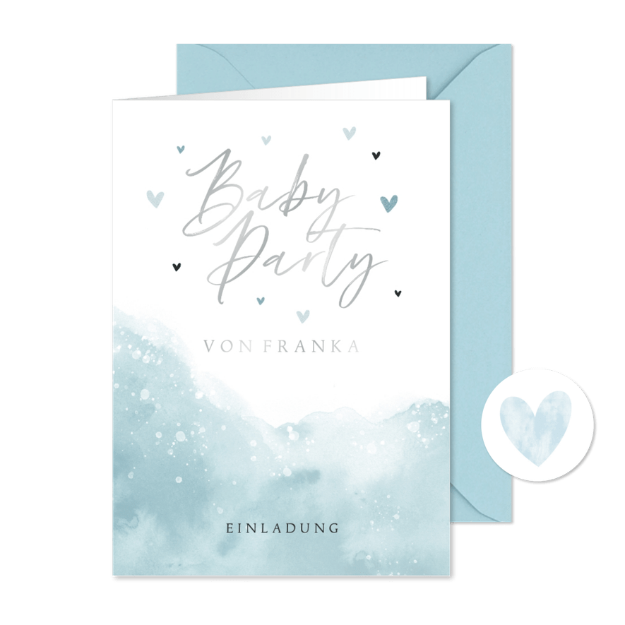 Einladung zur Babyparty blaue Wasserfarbe - Karteneindruck