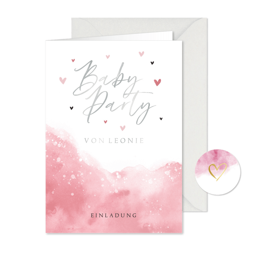Einladung zur Babyparty rosa Wasserfarbe - Karteneindruck