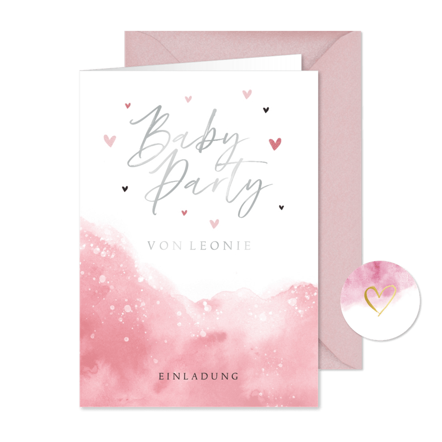 Einladung zur Babyparty rosa Wasserfarbe - Kartenvorschau