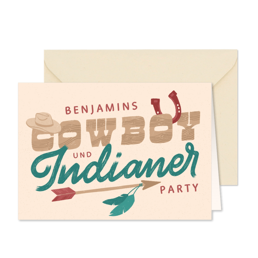 Einladung zur Cowboy- und Indianerparty - Lettering - Karteneindruck