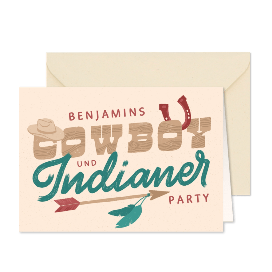 Einladung zur Cowboy- und Indianerparty - Lettering - Karteneindruck
