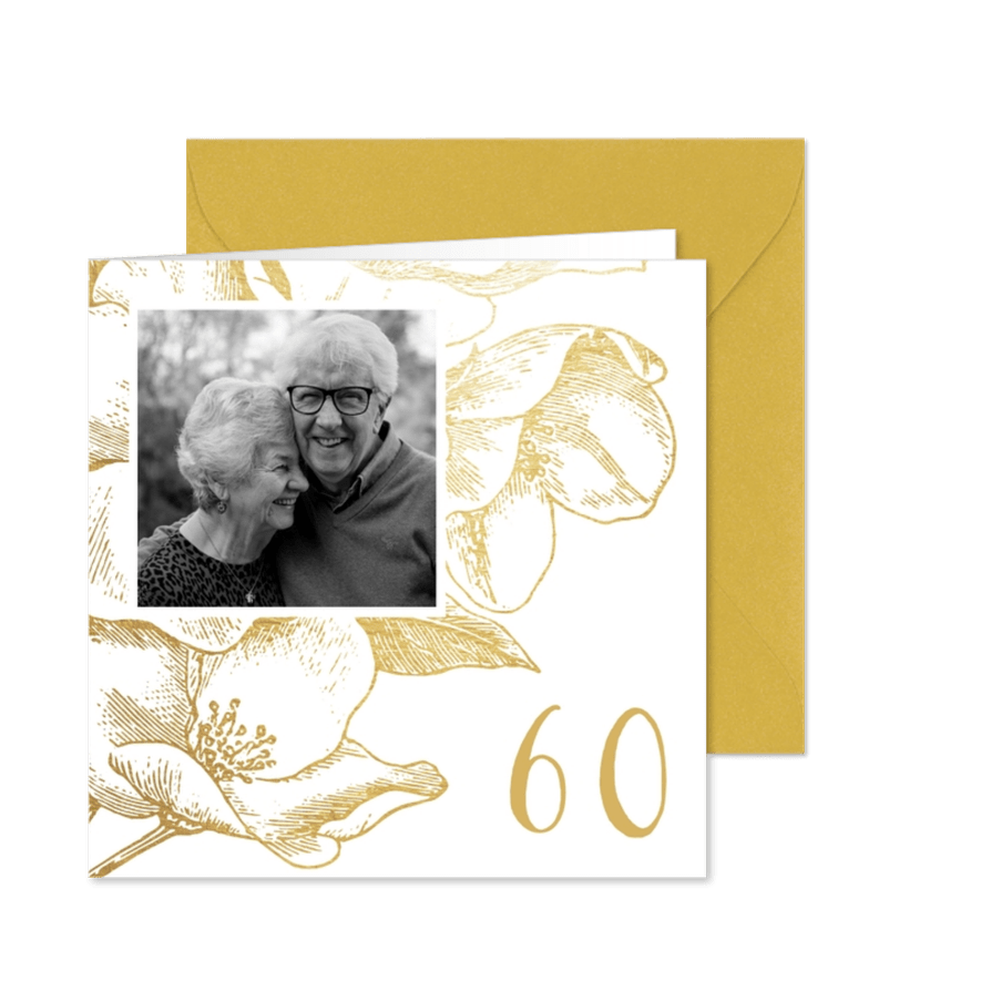 Einladung zur diamantenen Hochzeit mit Foto und Blumen - Karteneindruck
