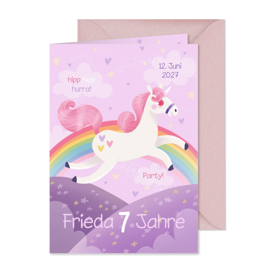 Einladung zur Einhorn-Kinderparty 7. Geburtstag - Karteneindruck