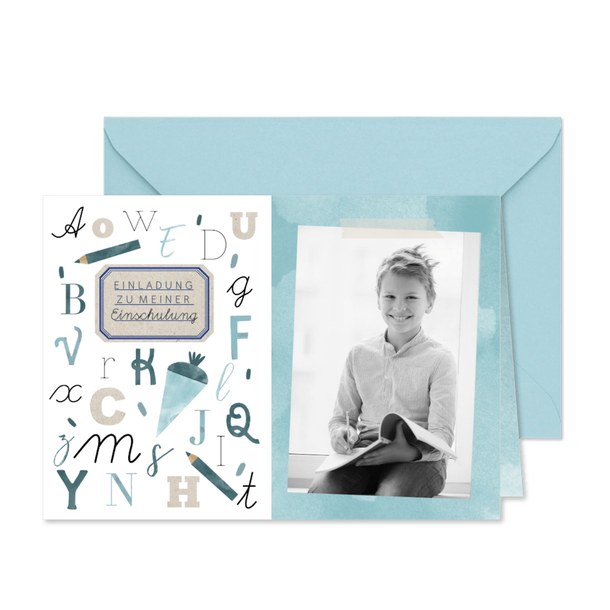Einladung zur Einschulung ABC blau mit Foto - Karteneindruck