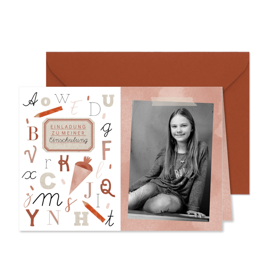 Einladung zur Einschulung ABC rot mit Foto - Karteneindruck