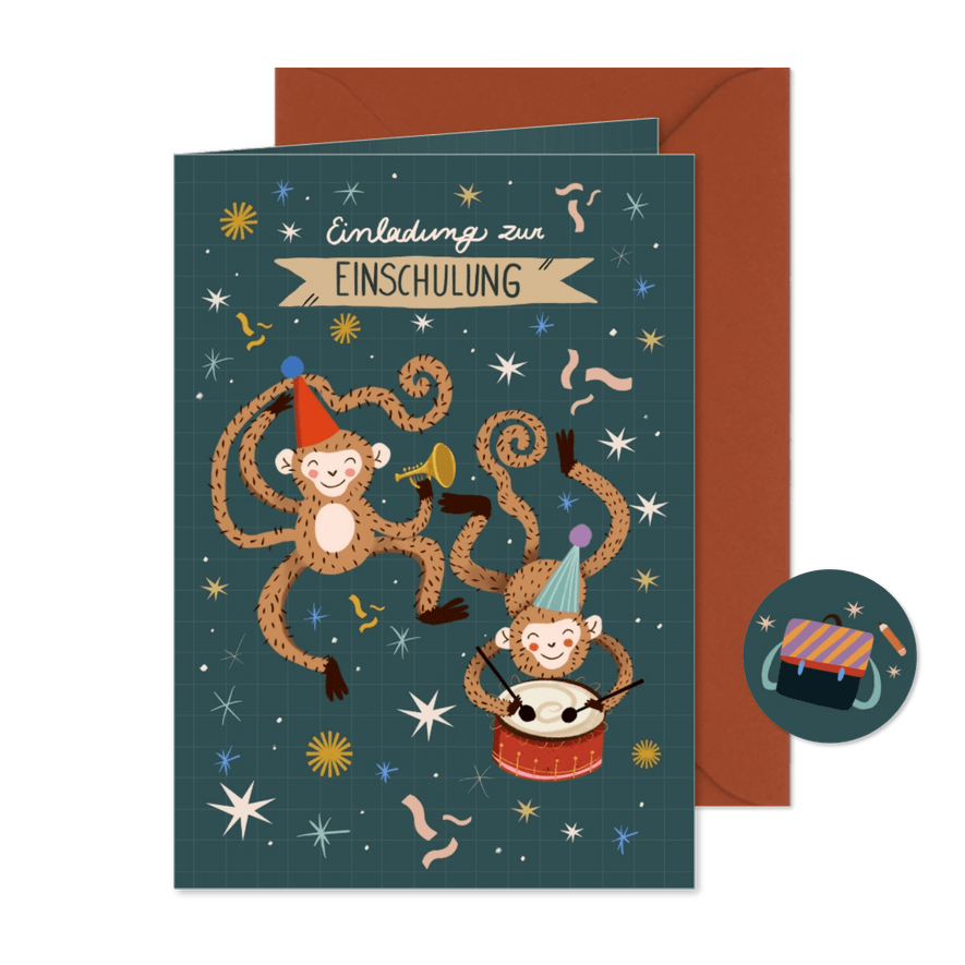 Einladung zur Einschulung 'Affen-Party' - Karteneindruck
