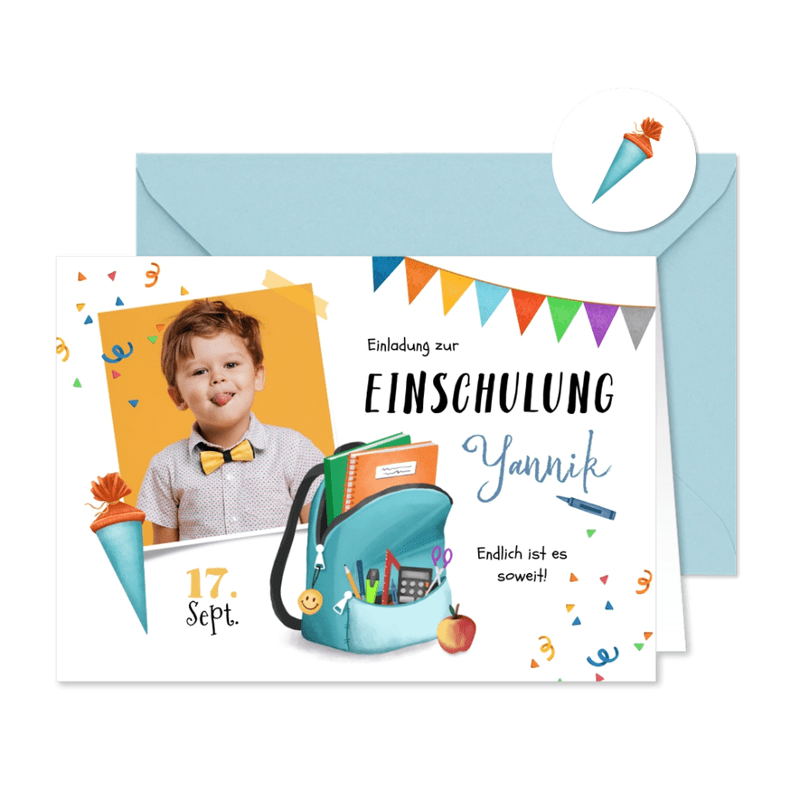 Einladung zur Einschulung blauer Rucksack & Foto - Kartenvorschau
