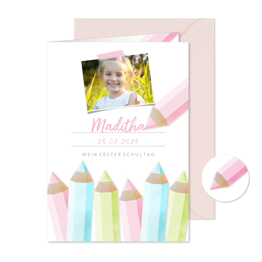 Einladung zur Einschulung Buntstifte rosa und eigenes Foto - Karteneindruck