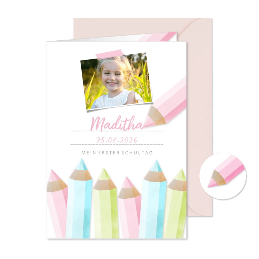 Einladung zur Einschulung Buntstifte rosa und eigenes Foto - Karteneindruck
