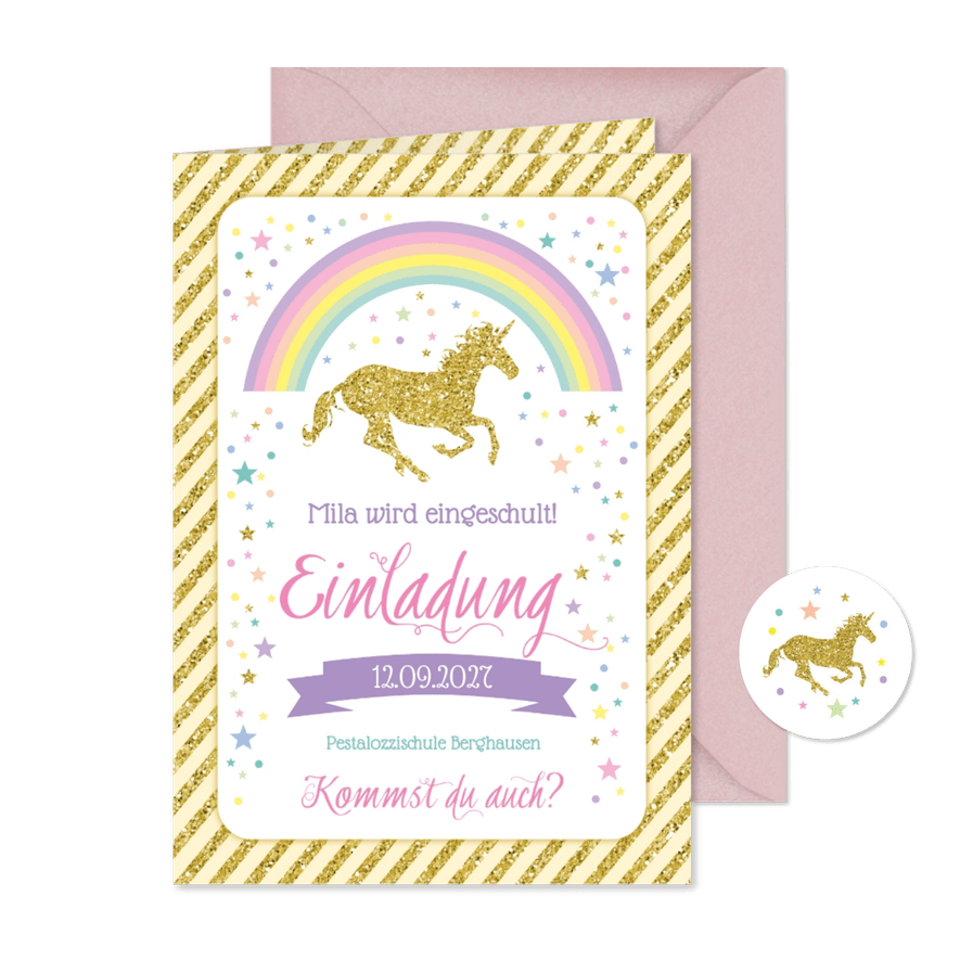 Einladung zur Einschulung Einhorn & Regenbogen - Karteneindruck
