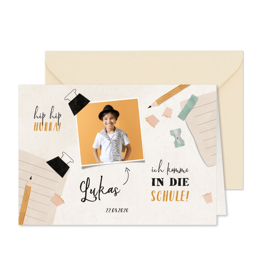 Einladung zur Einschulung Foto, blauer Spitzer & Bleistift - Karteneindruck
