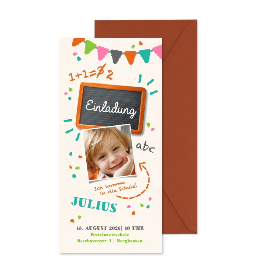 Einladung zur Einschulung Foto & bunte Kreide - Karteneindruck