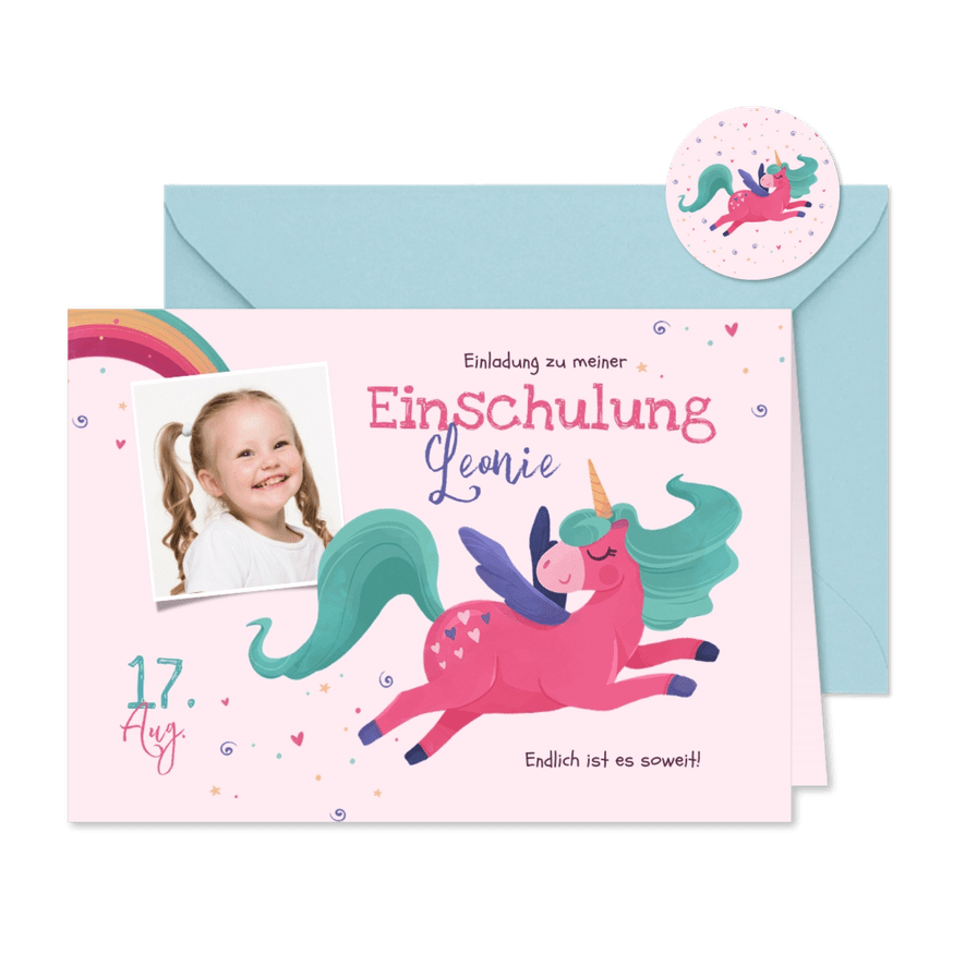 Einladung zur Einschulung Foto, Einhorn & Regenbogen - Karteneindruck