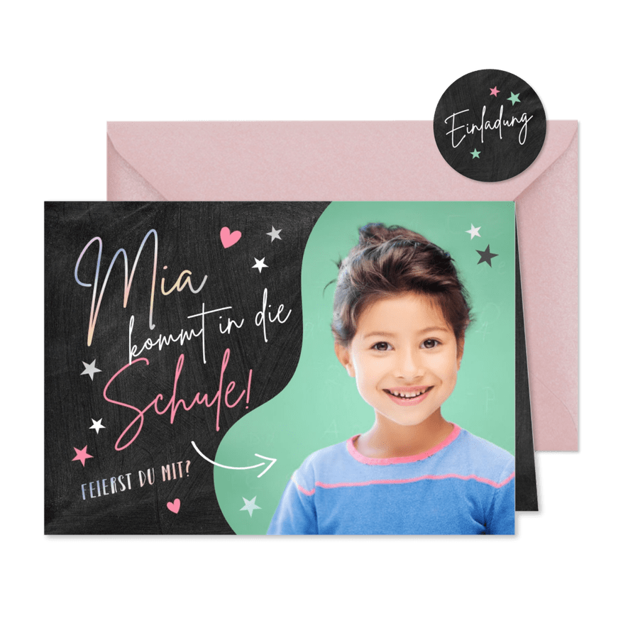 Einladung zur Einschulung Foto, Herzchen & Sterne - Karteneindruck