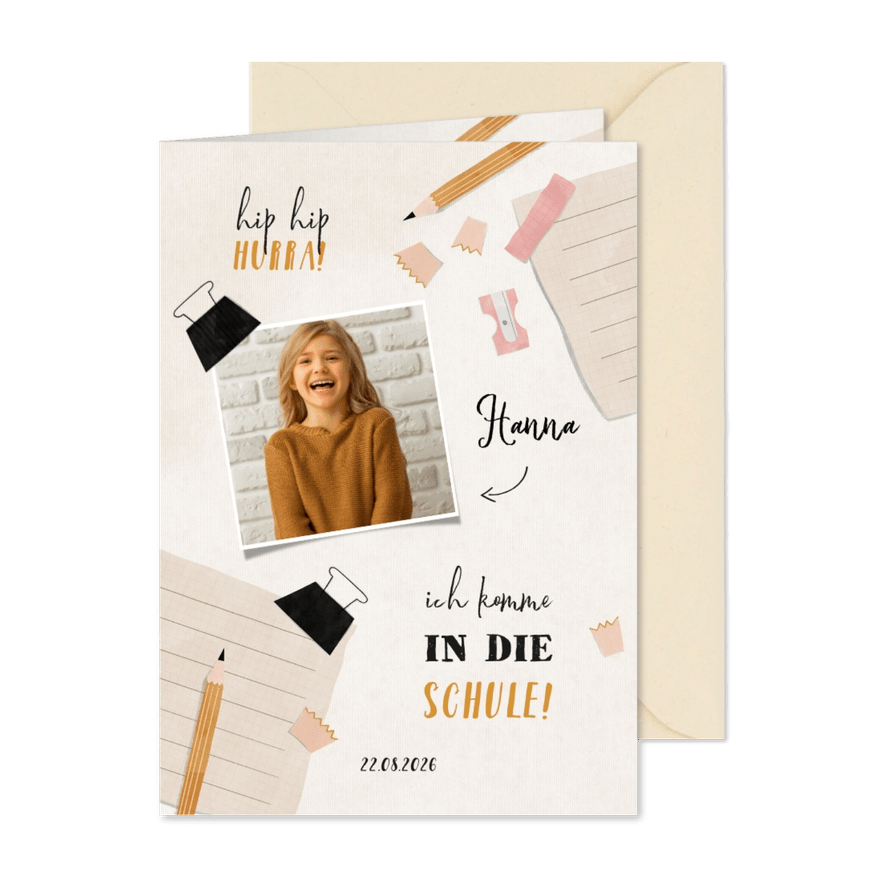 Einladung zur Einschulung Foto, rosa Spitzer & Bleistift - Karteneindruck
