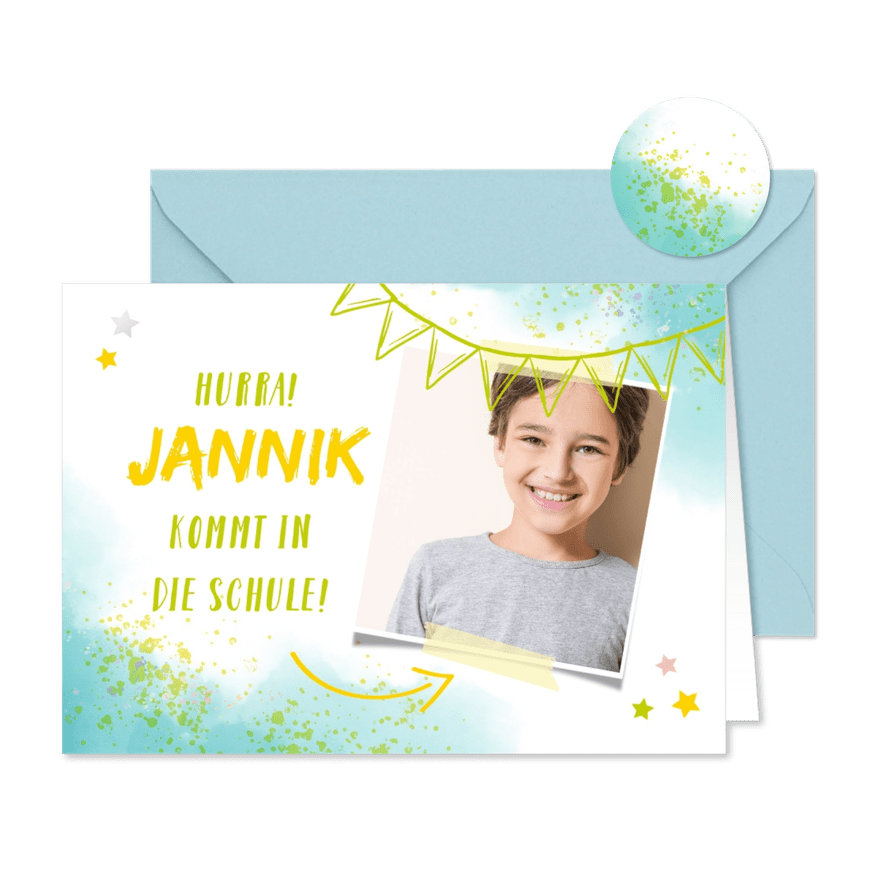 Einladung zur Einschulung Foto & blaugrüne Kleckse - Karteneindruck