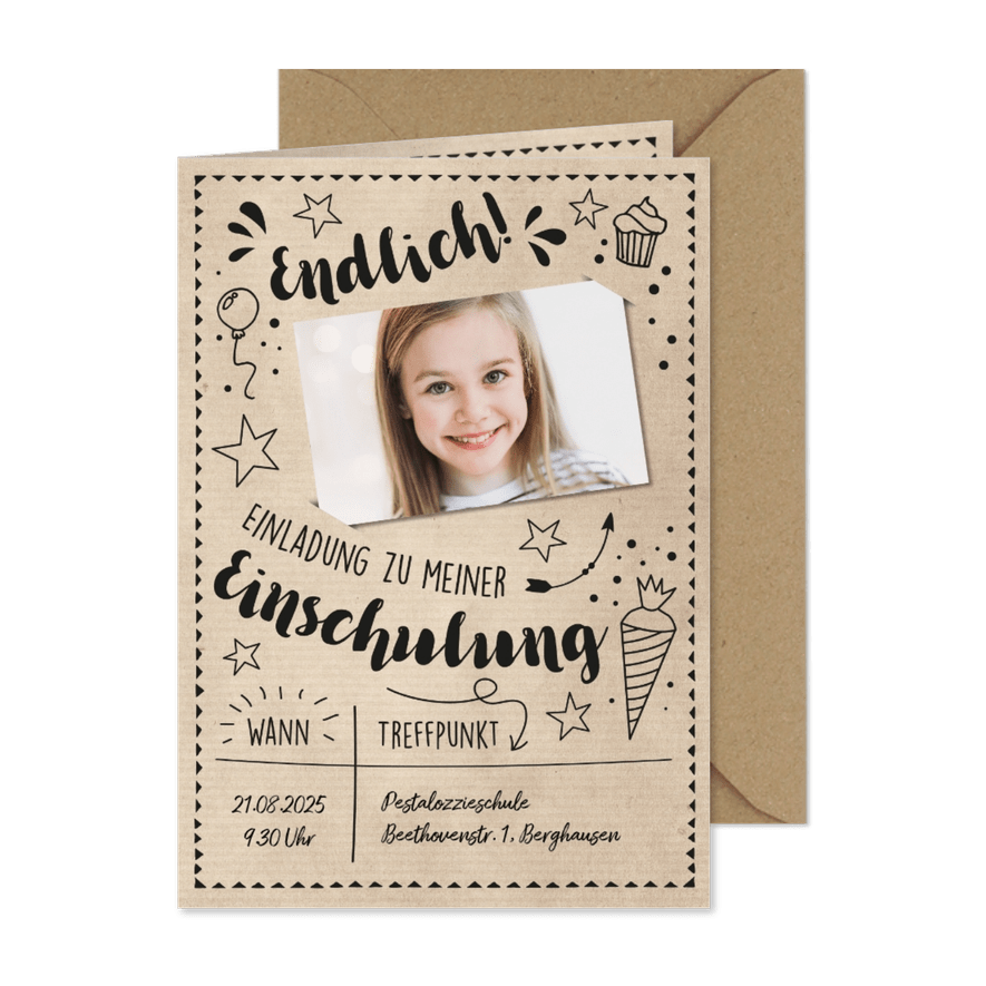 Einladung zur Einschulung Foto & Doodles - Karteneindruck
