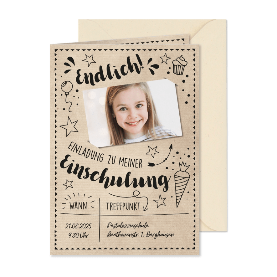 Einladung zur Einschulung Foto & Doodles - Karteneindruck
