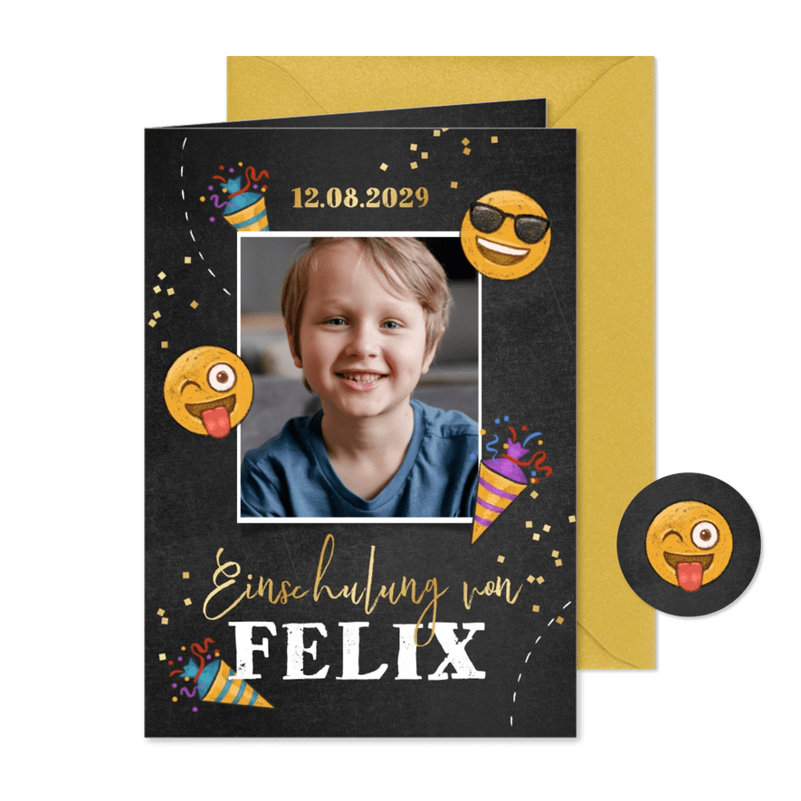 Einladung zur Einschulung Foto & Emojis - Karteneindruck
