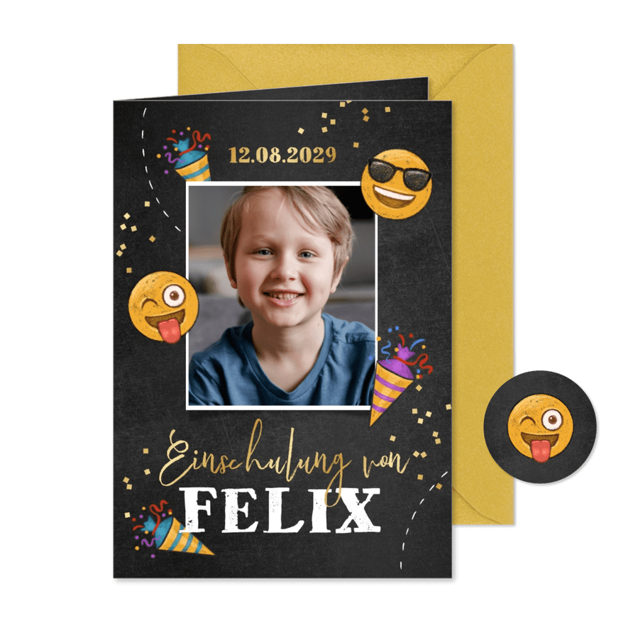 Einladung zur Einschulung Foto & Emojis - Karteneindruck