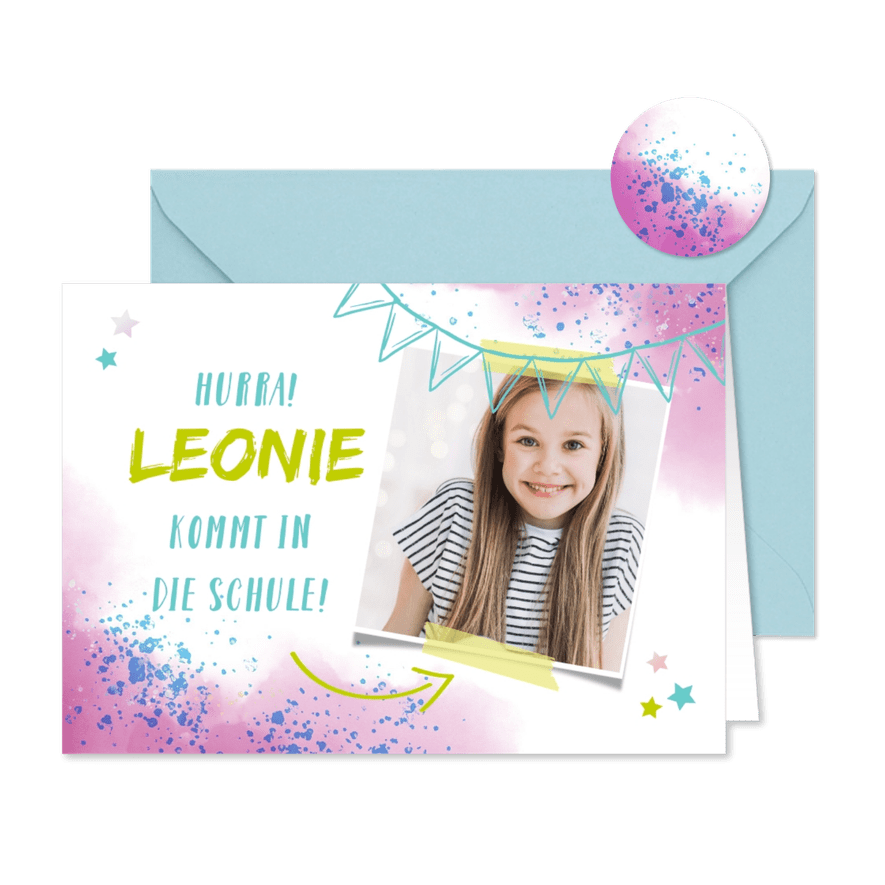 Einladung zur Einschulung Foto & rosablaue Kleckse - Karteneindruck