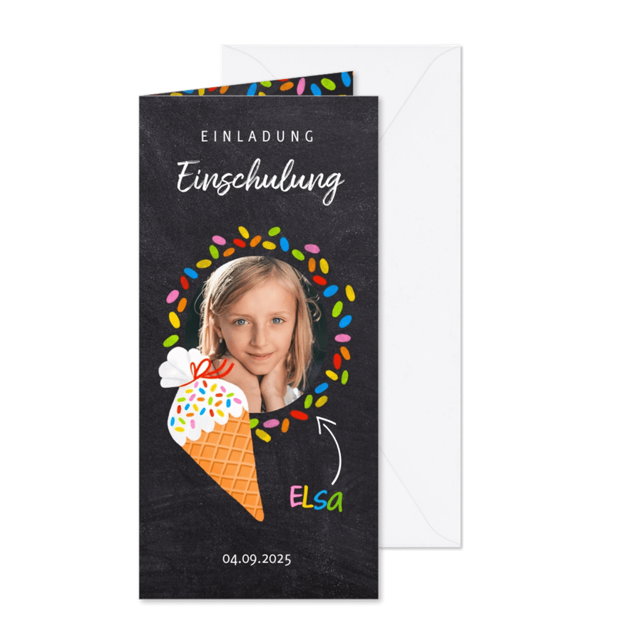 Einladung zur Einschulung Foto & Schultüte Eishörnchen - Karteneindruck