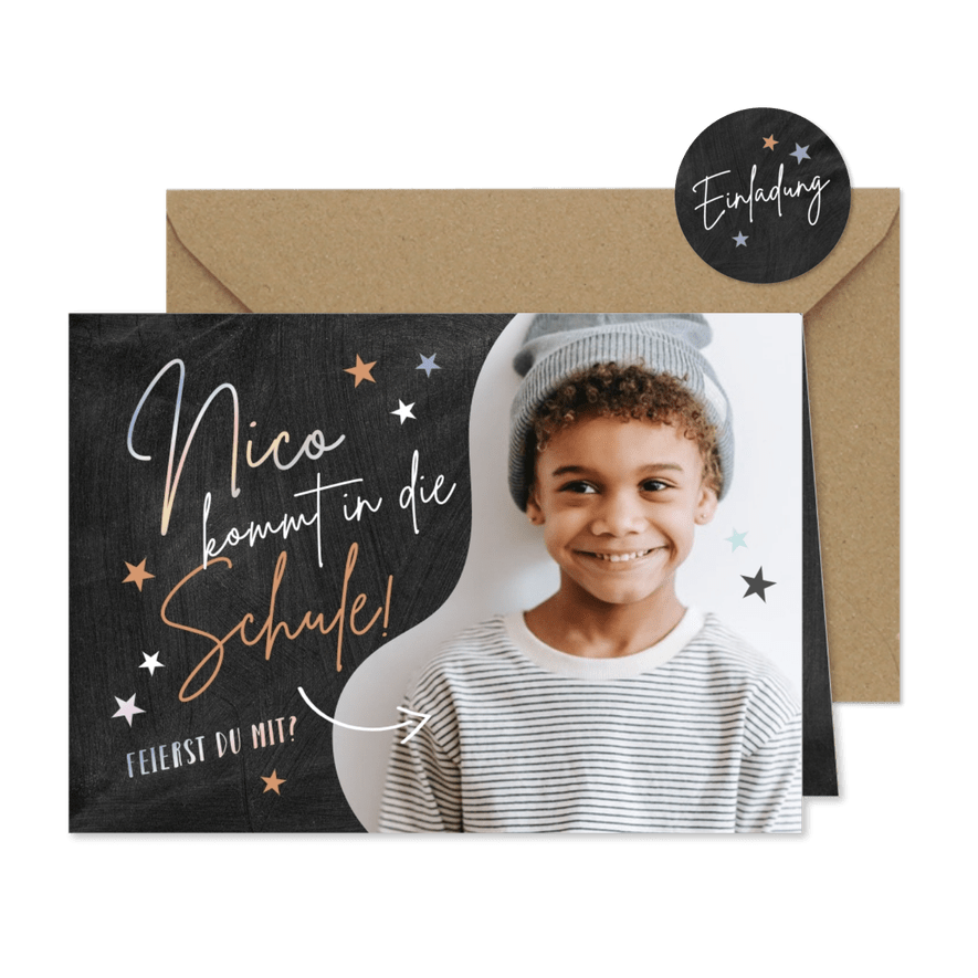 Einladung zur Einschulung Foto & Sterne - Karteneindruck
