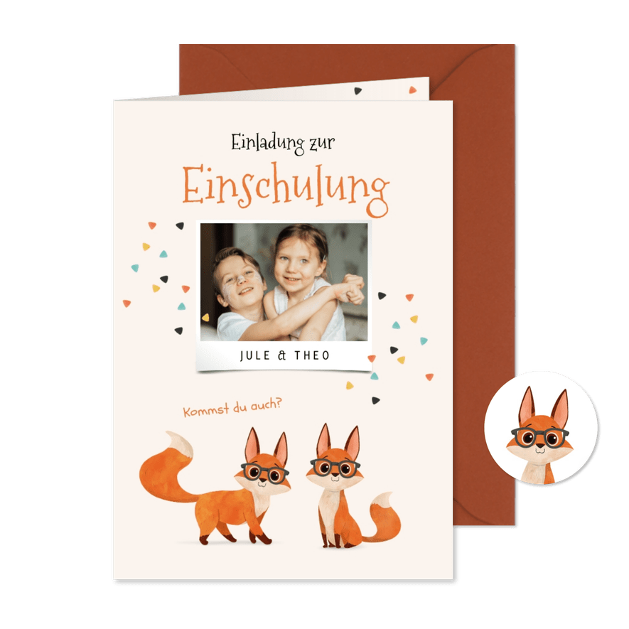 Einladung zur Einschulung Foto Zwillinge mit Füchsen - Kartenvorschau
