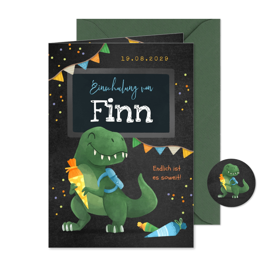 Einladung zur Einschulung lustiger T-Rex & Schultüte - Karteneindruck
