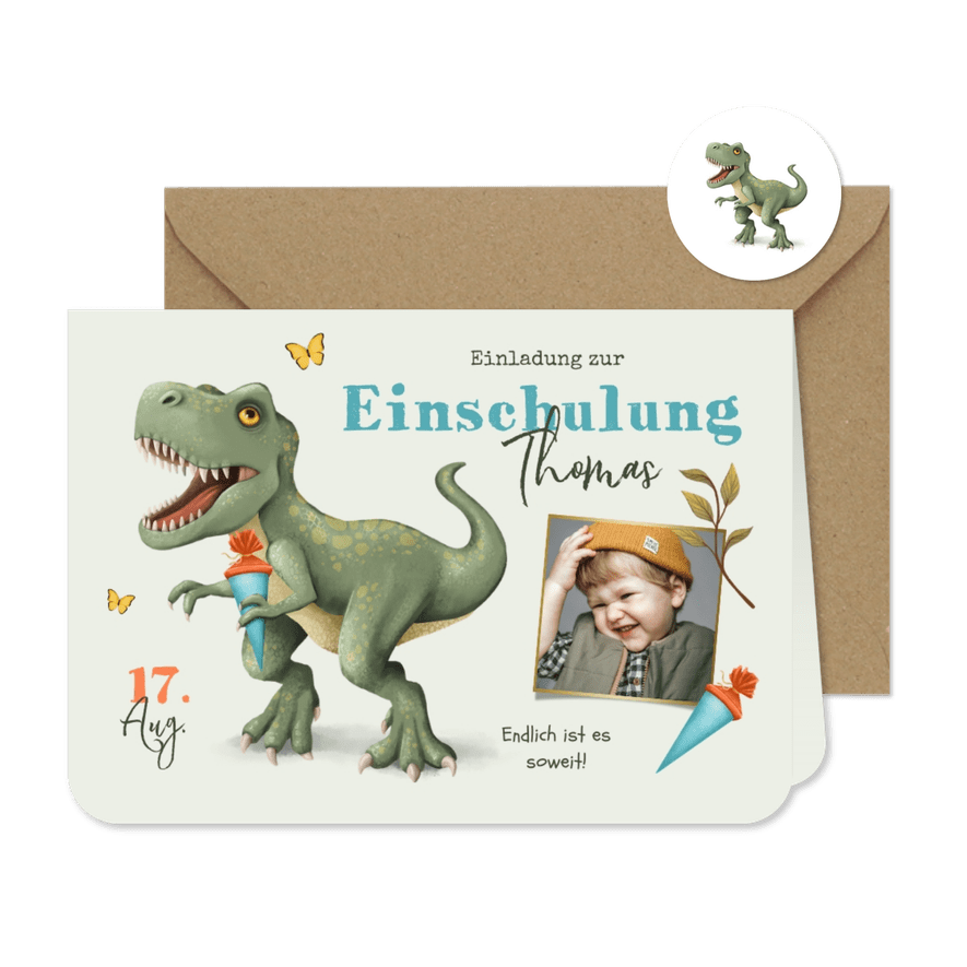 Einladung zur Einschulung mit Foto und T-Rex - Karteneindruck
