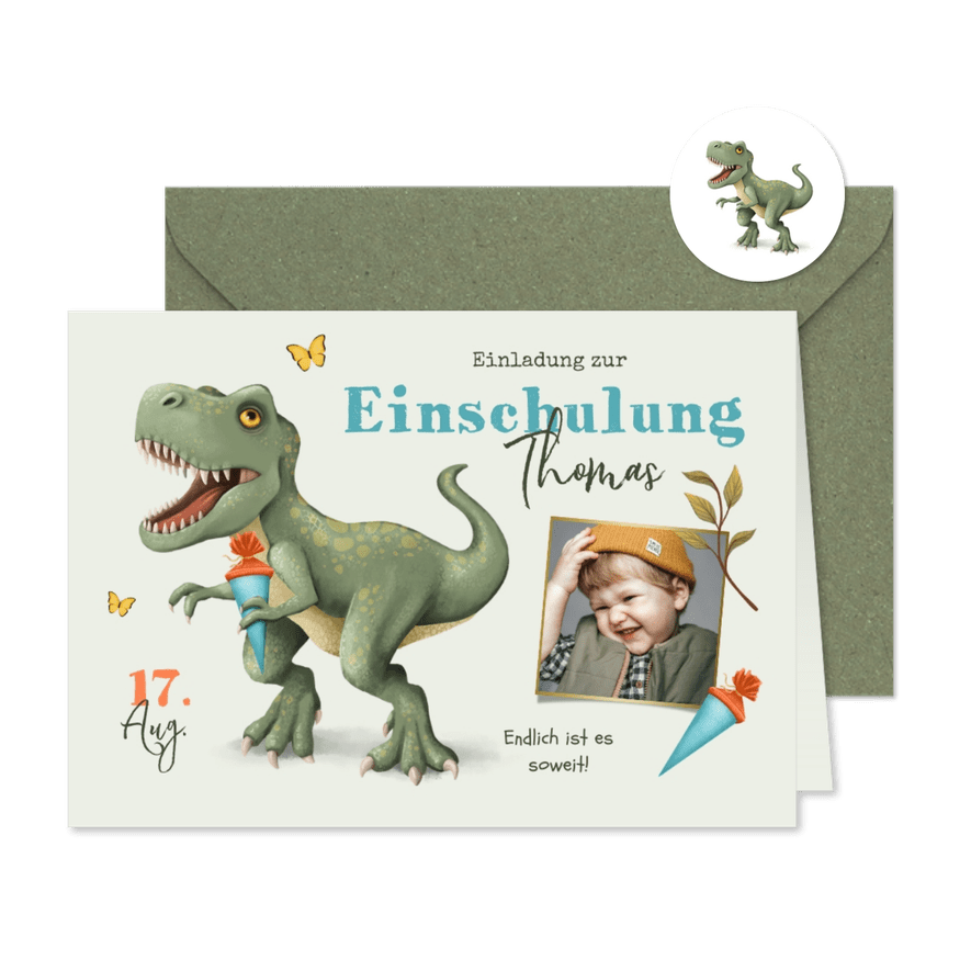 Einladung zur Einschulung mit Foto und T-Rex - Karteneindruck
