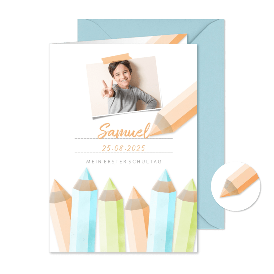 Einladung zur Einschulung orange Buntstifte und eigenes Foto - Karteneindruck
