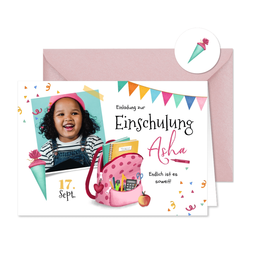 Einladung zur Einschulung pink Rucksack & Foto - Karteneindruck