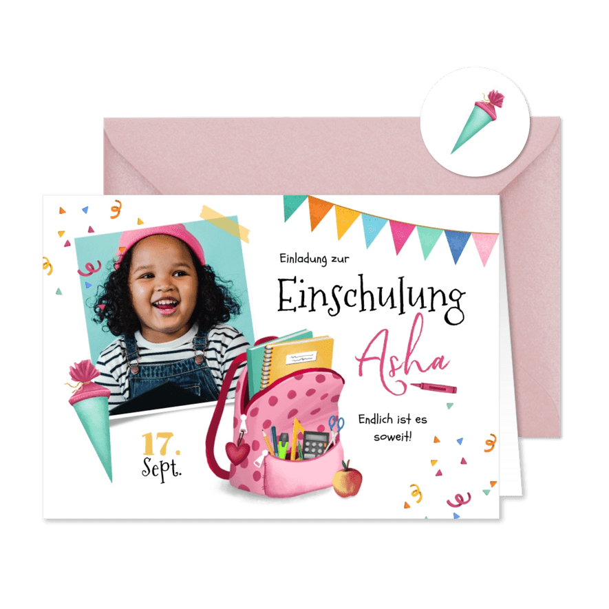Einladung zur Einschulung pink Rucksack & Foto - Karteneindruck
