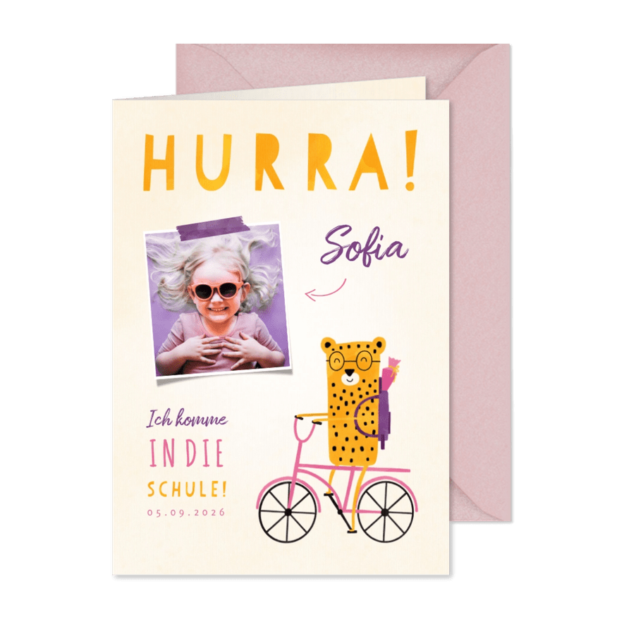 Einladung zur Einschulung rosa Rad mit Leopard - Karteneindruck
