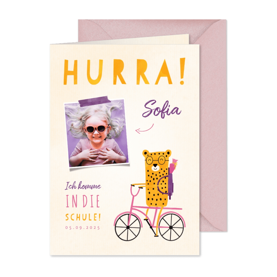 Einladung zur Einschulung rosa Rad mit Leopard - Karteneindruck