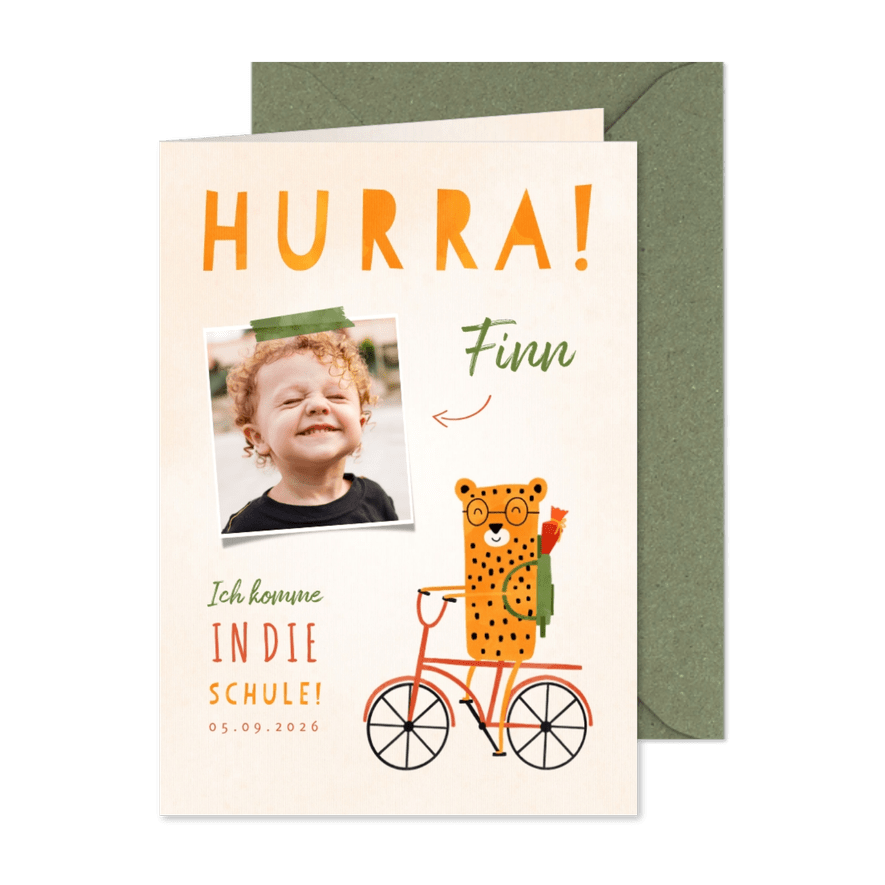 Einladung zur Einschulung rotes Rad mit Leopard - Karteneindruck
